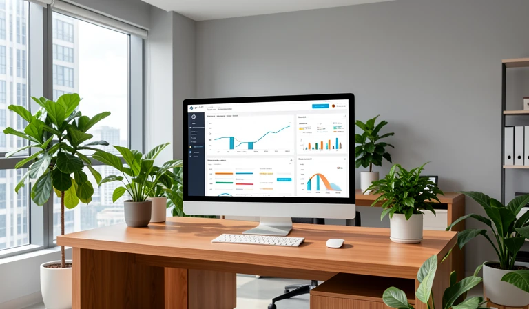 Modern Shenzhen office workspace with SEO analytics on monitor and natural lighting